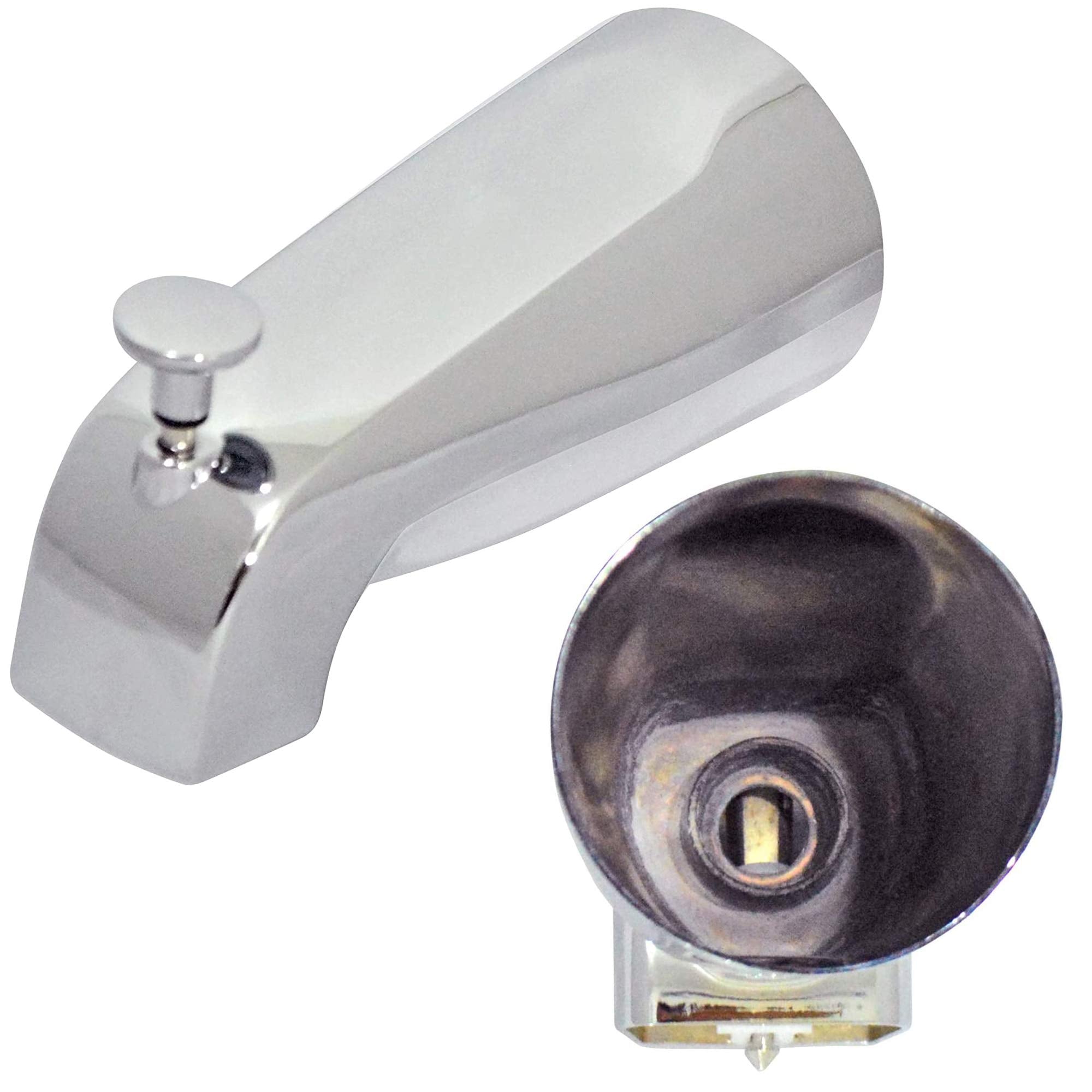 Avalon tub spout with front diverter, chrome finish; durable stainless steel body for lasting use.