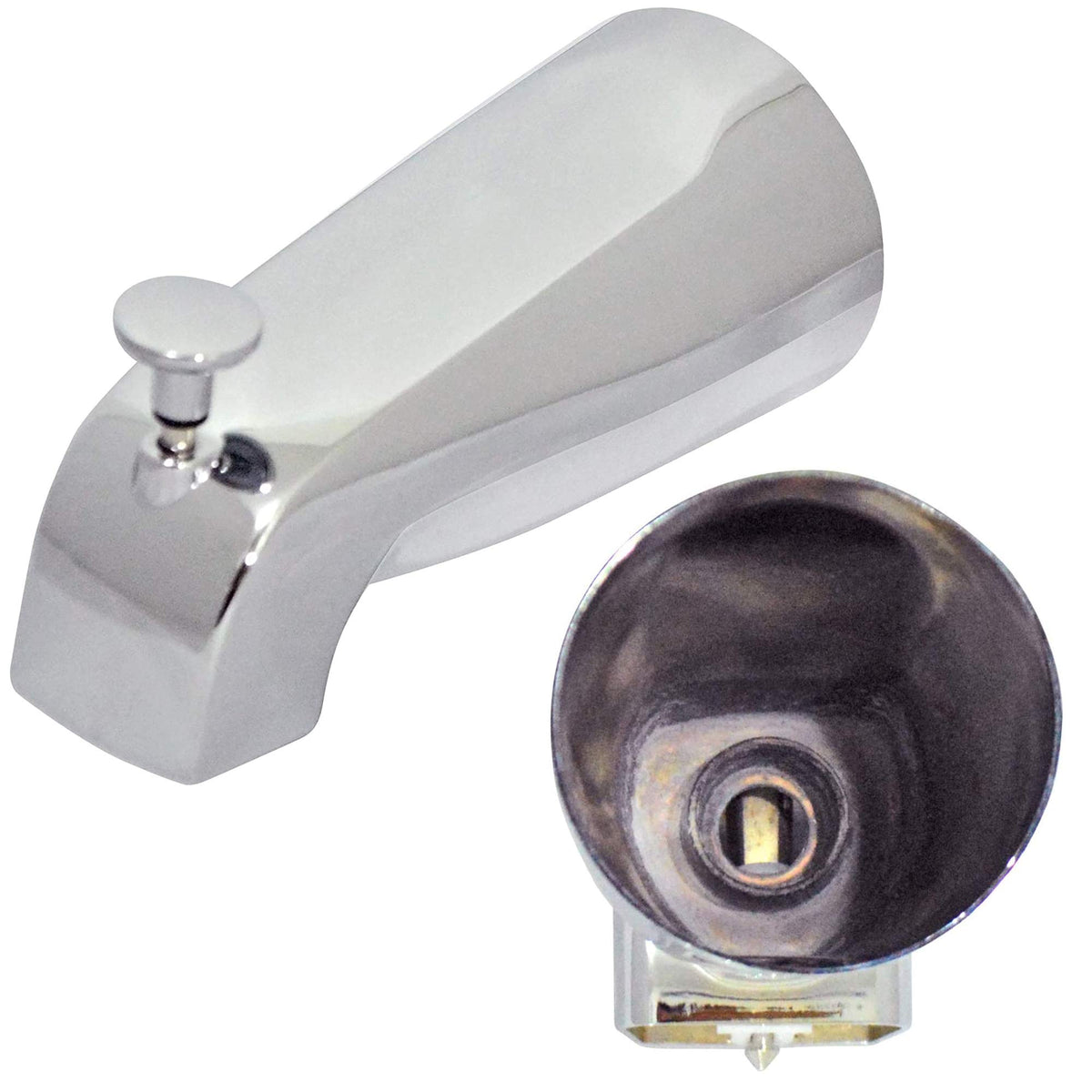 Avalon tub spout with front diverter, chrome finish; durable stainless steel body for lasting use.
