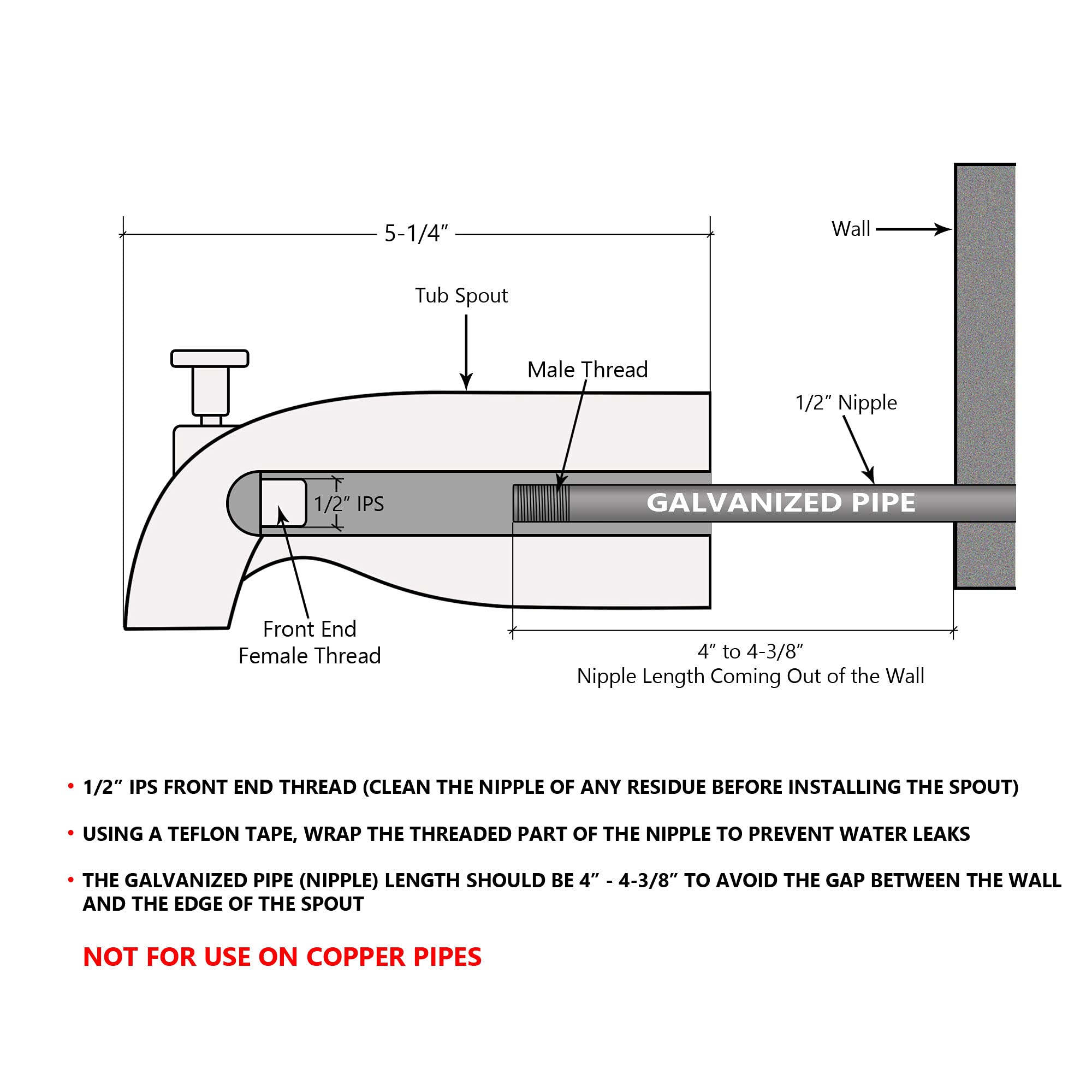 Avalon tub spout chrome front end thread; easy install on galvanized pipe nipples.