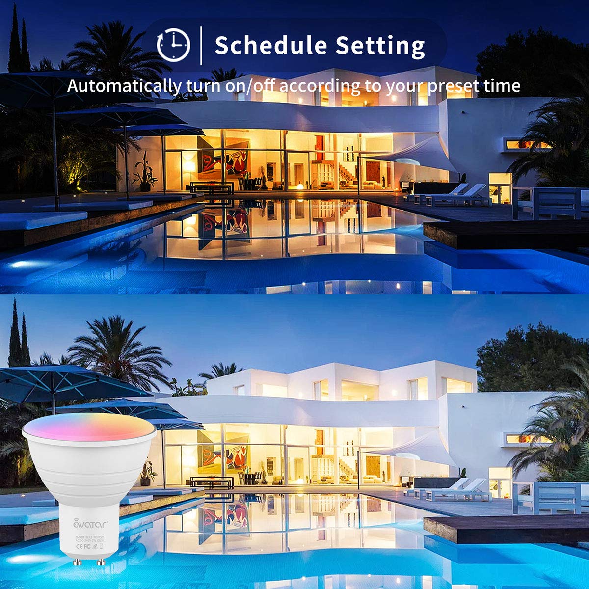 Avatar Controls GU10 bulbs showing 2700K–6500K brightness range