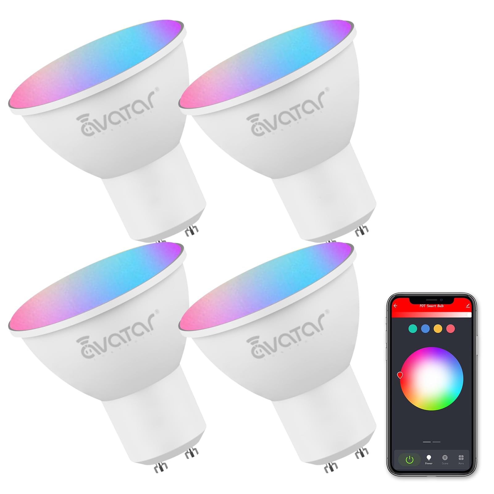 Avatar Controls GU10 smart bulb front view with ambient color options