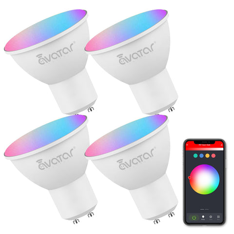Avatar Controls GU10 smart bulb front view with ambient color options