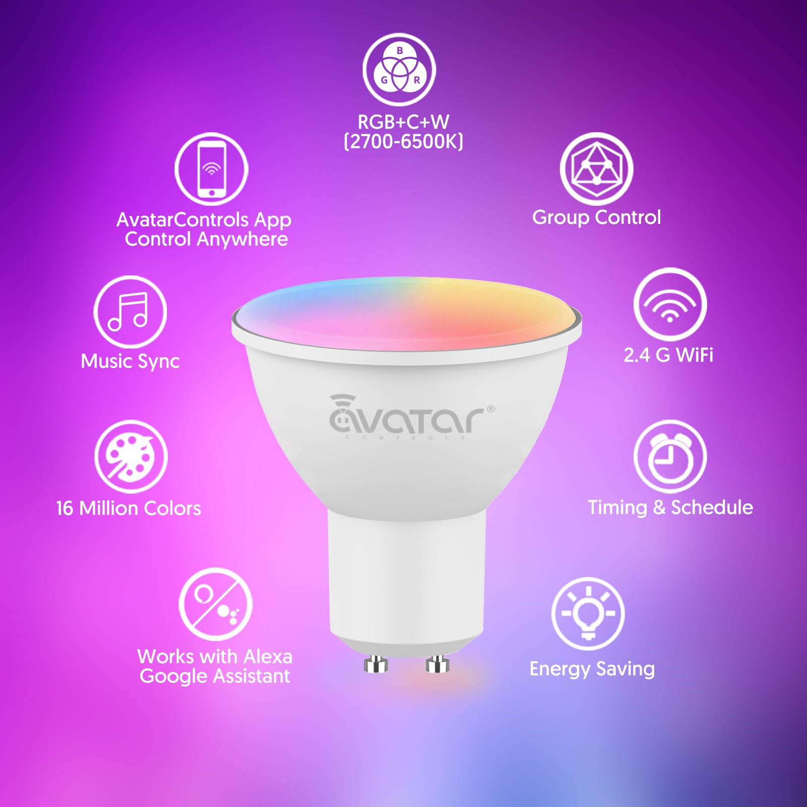 Avatar Controls GU10 bulbs grouped in app for one-click scenes