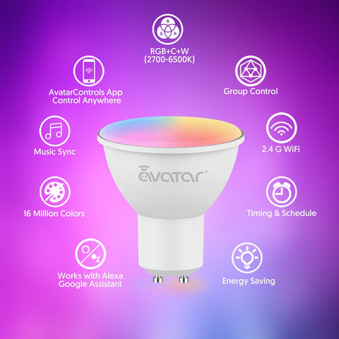 Avatar Controls GU10 bulbs grouped in app for one-click scenes