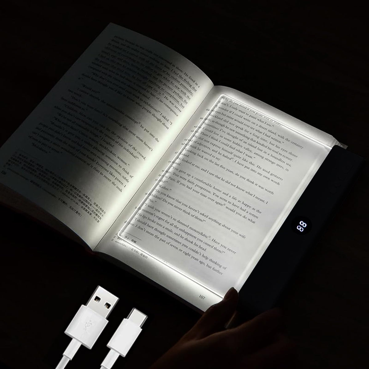 AVEKI Book Light with flat-panel glow for even page illumination.