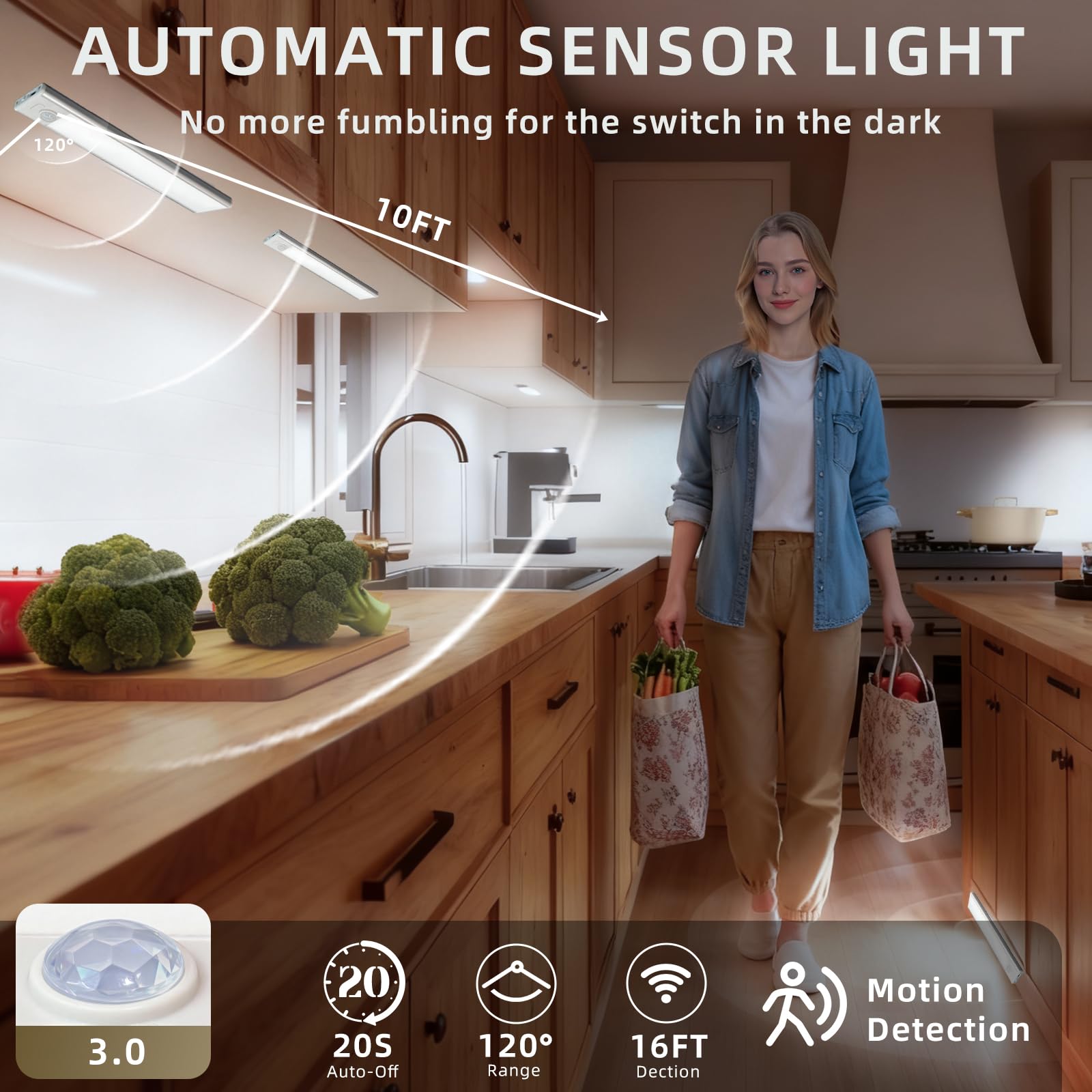 AVEVA motion-sensor under cabinet light providing hands-free illumination in dim spaces