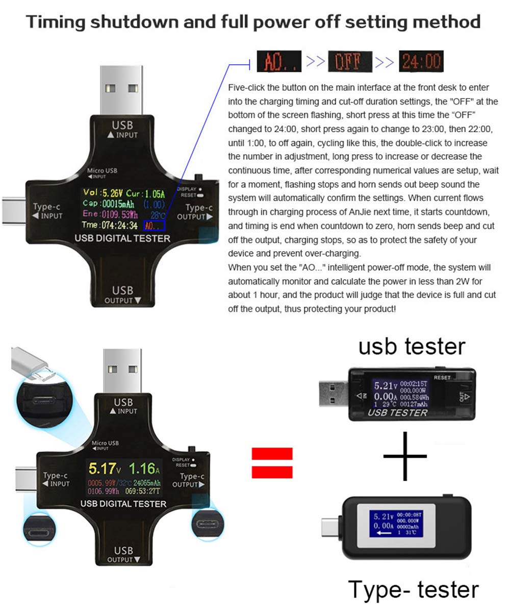AVHzY color screen shows live measurements of voltage, current, and capacity