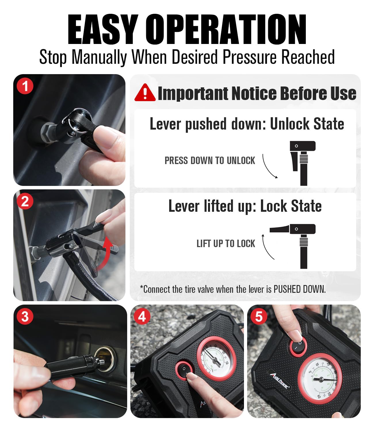 AVID POWER 12V tire inflator cord length enables reaching all four tires on a car.