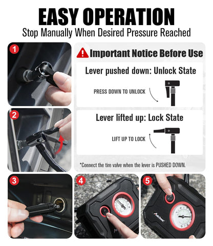 AVID POWER 12V tire inflator cord length enables reaching all four tires on a car.