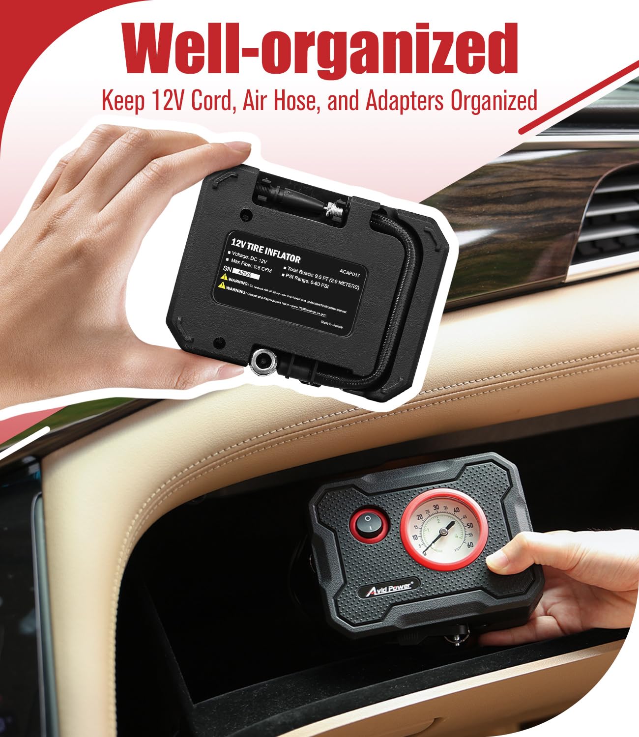 AVID POWER 12V inflator with display gauge shows real-time pressure.