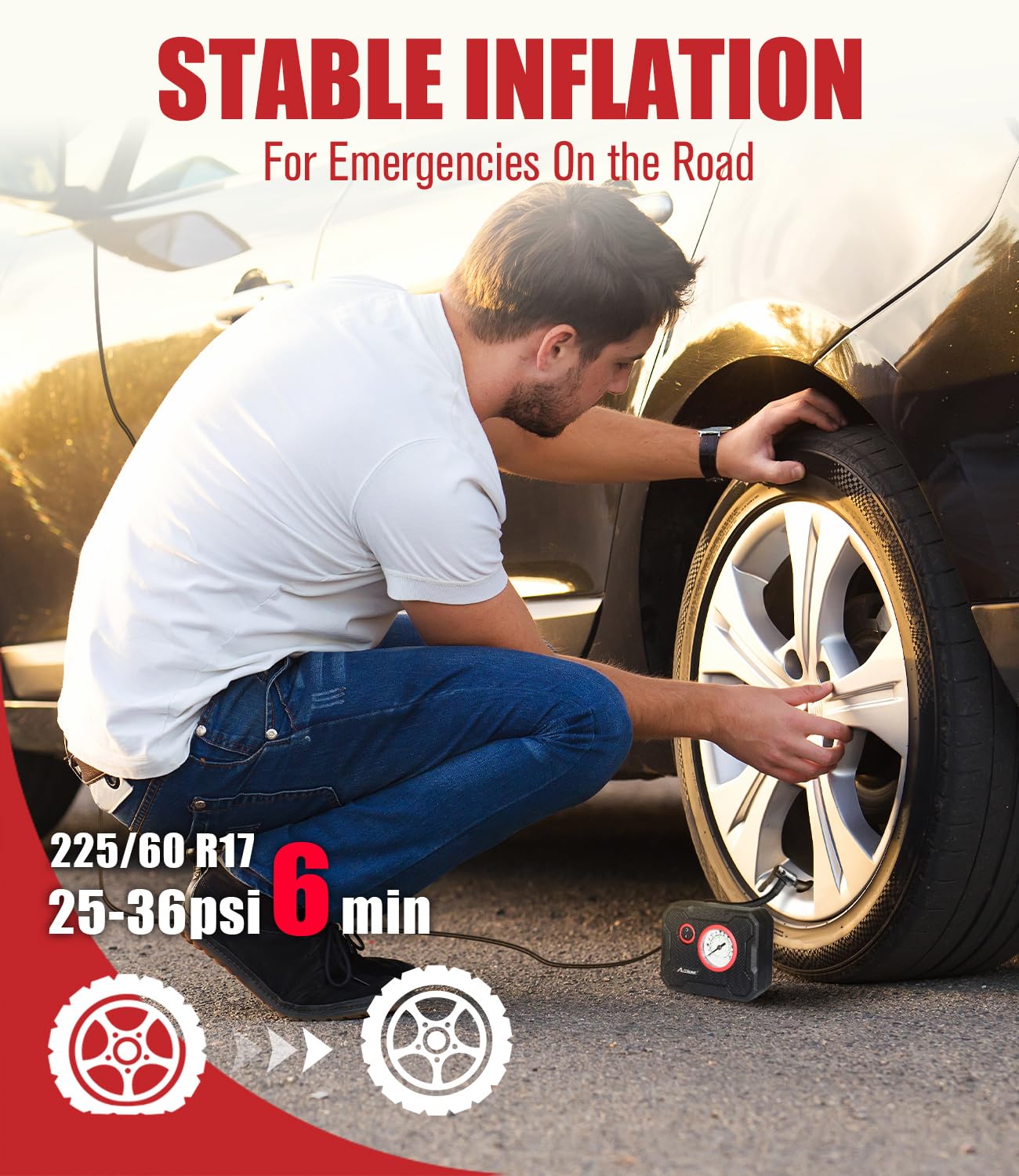 AVID POWER 12V inflator with LED light assists night tire checks.