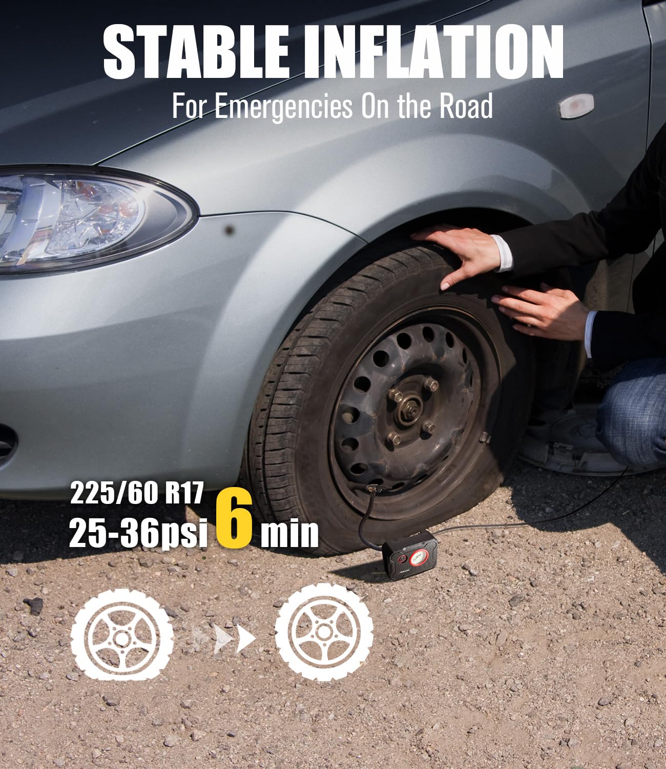 AVID POWER 12V tire inflator side view showcases travel-ready form for roadside needs.