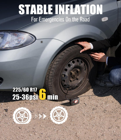 AVID POWER 12V tire inflator side view showcases travel-ready form for roadside needs.
