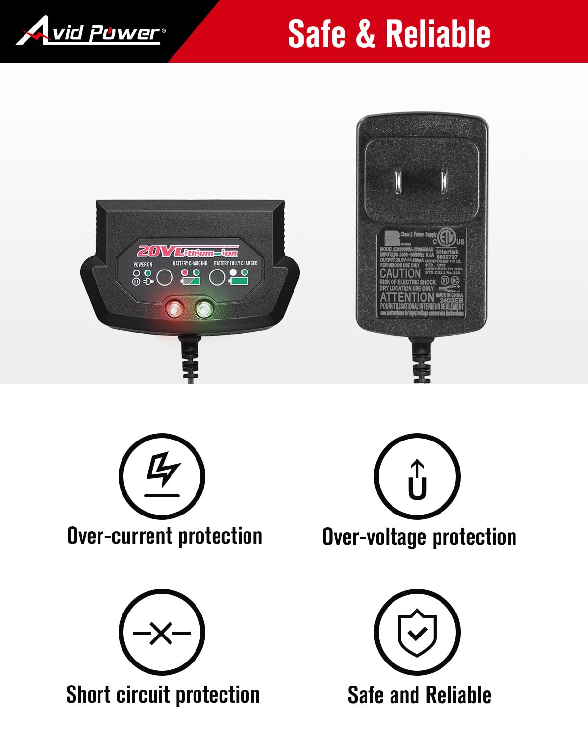 AVID POWER 20V 1.5Ah battery paired with charger for reliable topping up