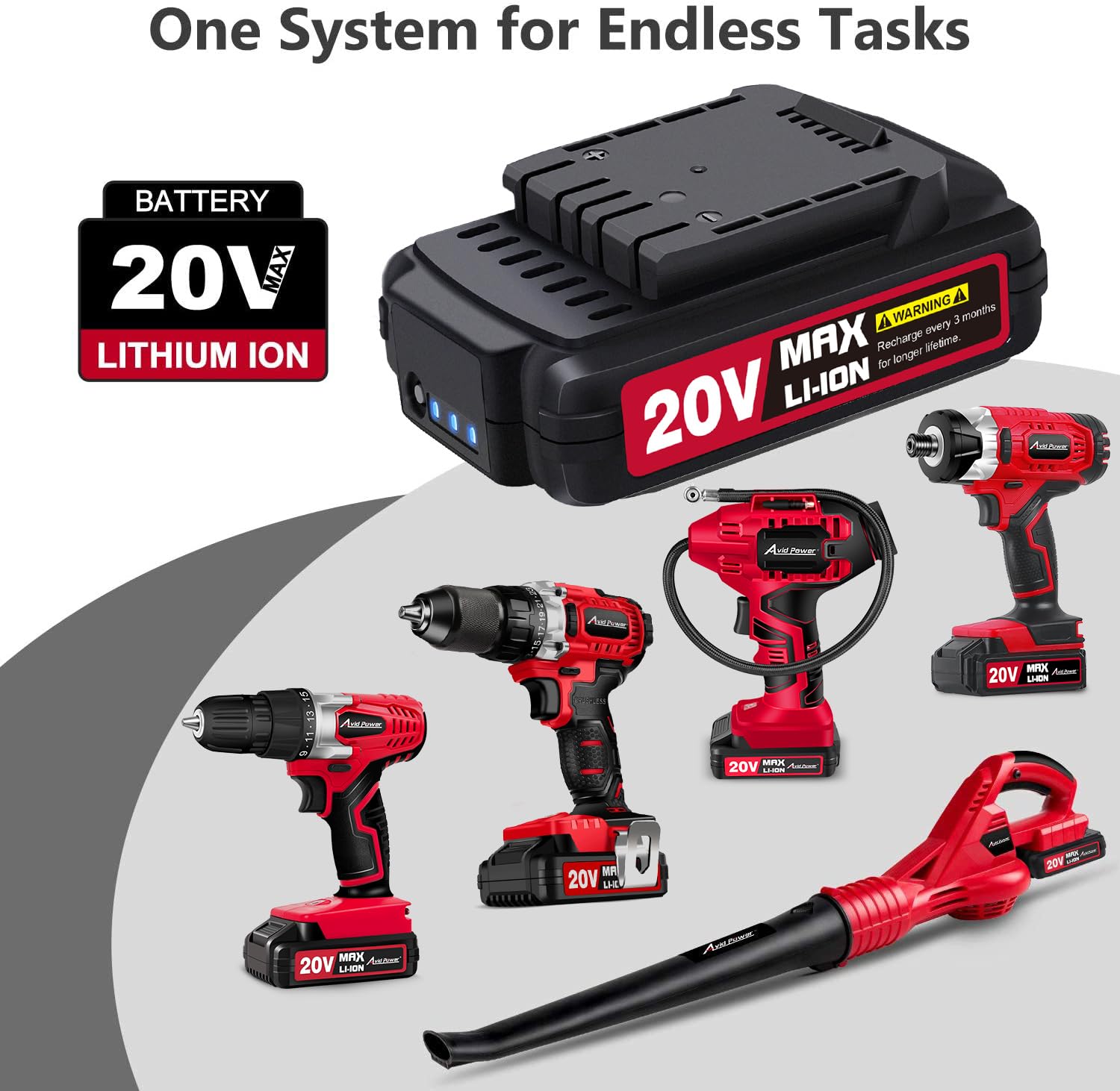 AVID POWER 20V battery compatibility label with AVID POWER tools