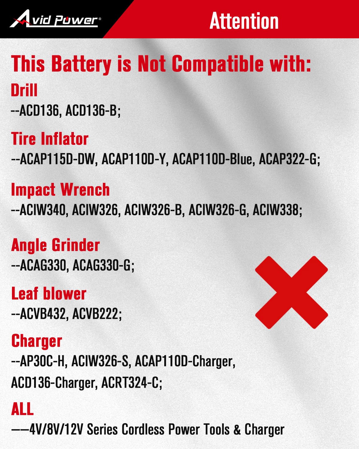 AVID POWER 20V battery front panel with LED indicators for quick status