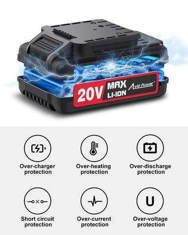 AVID POWER 20V battery packaging with clear product labeling