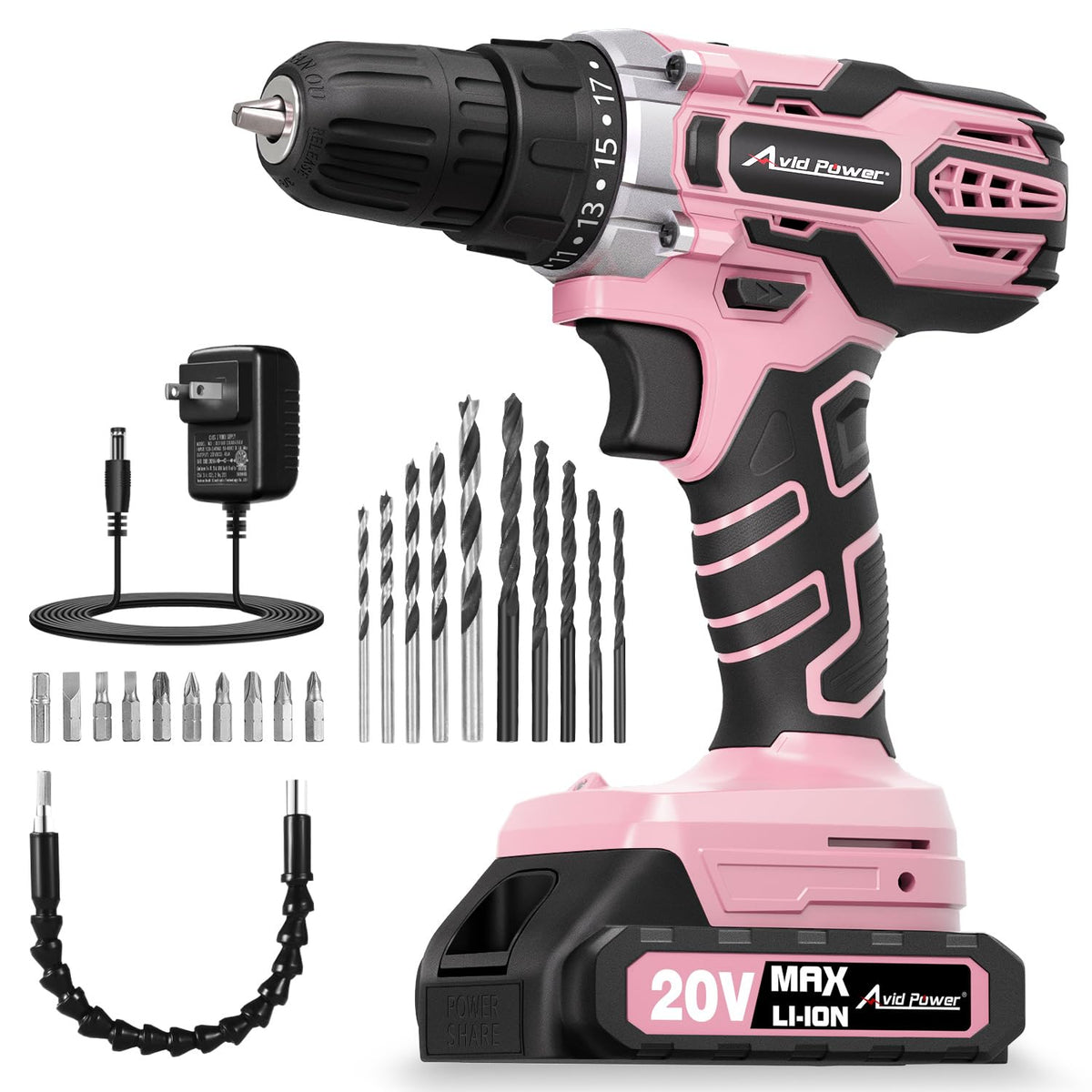 AVID POWER 20V pink drill front view showing compact design and grip for easy handling