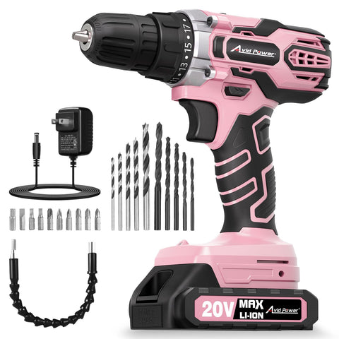 AVID POWER 20V pink drill front view showing compact design and grip for easy handling
