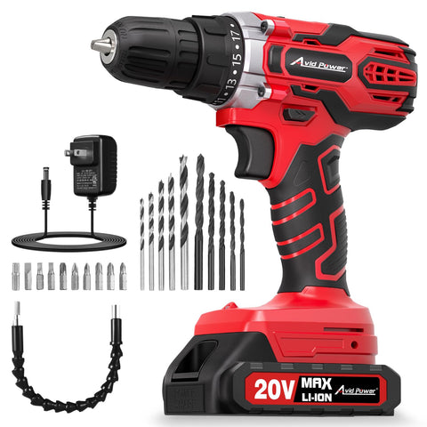 AVID POWER 20V Max drill with battery and charger for cordless convenience.