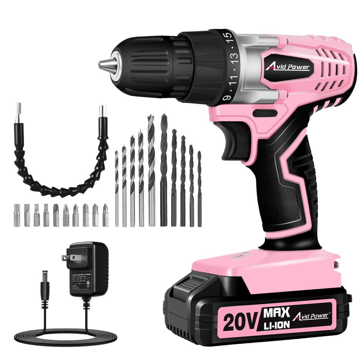 AVID POWER 20V pink drill front view with 3/8-inch chuck for quick changes.