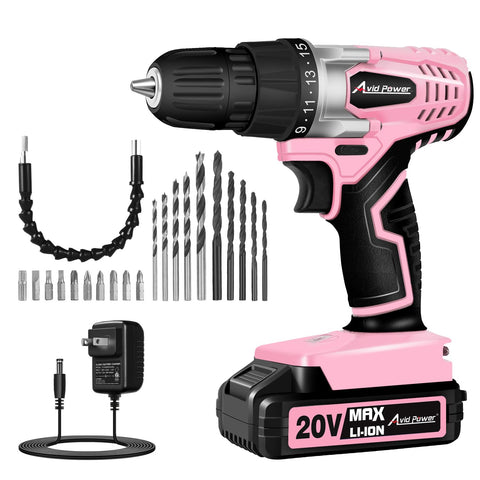 AVID POWER 20V pink drill front view with 3/8-inch chuck for quick changes.
