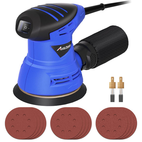 AVID POWER 5-inch orbital sander front view highlighting compact design for comfortable extended use.