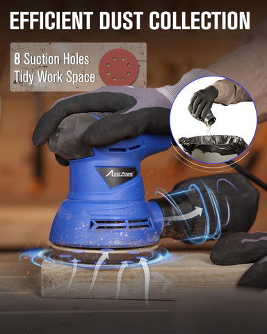 AVID POWER 5-inch sander with hook-and-loop base enables quick paper changes.