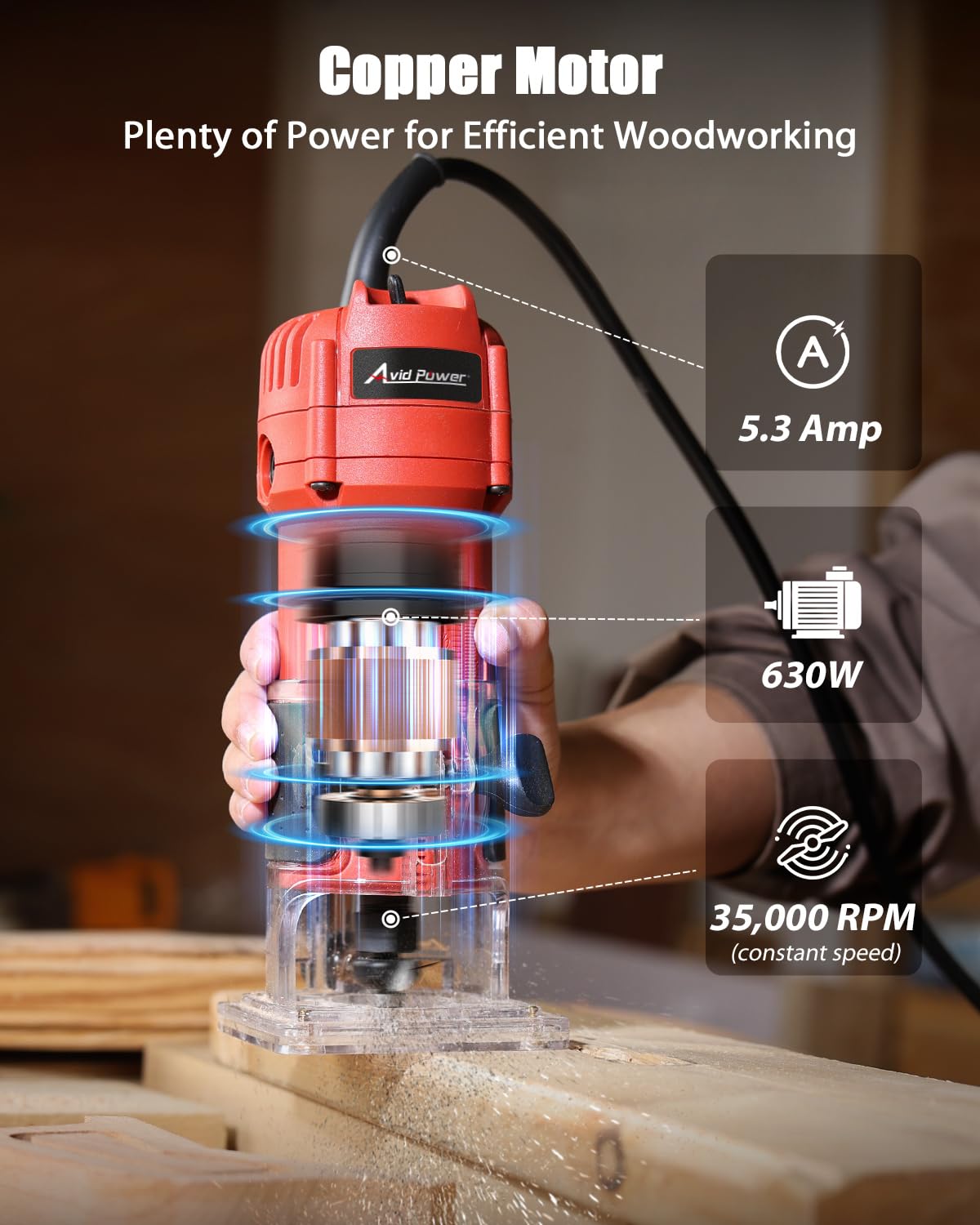 AVID POWER 630W router with bits shows quick bit changes for versatility.