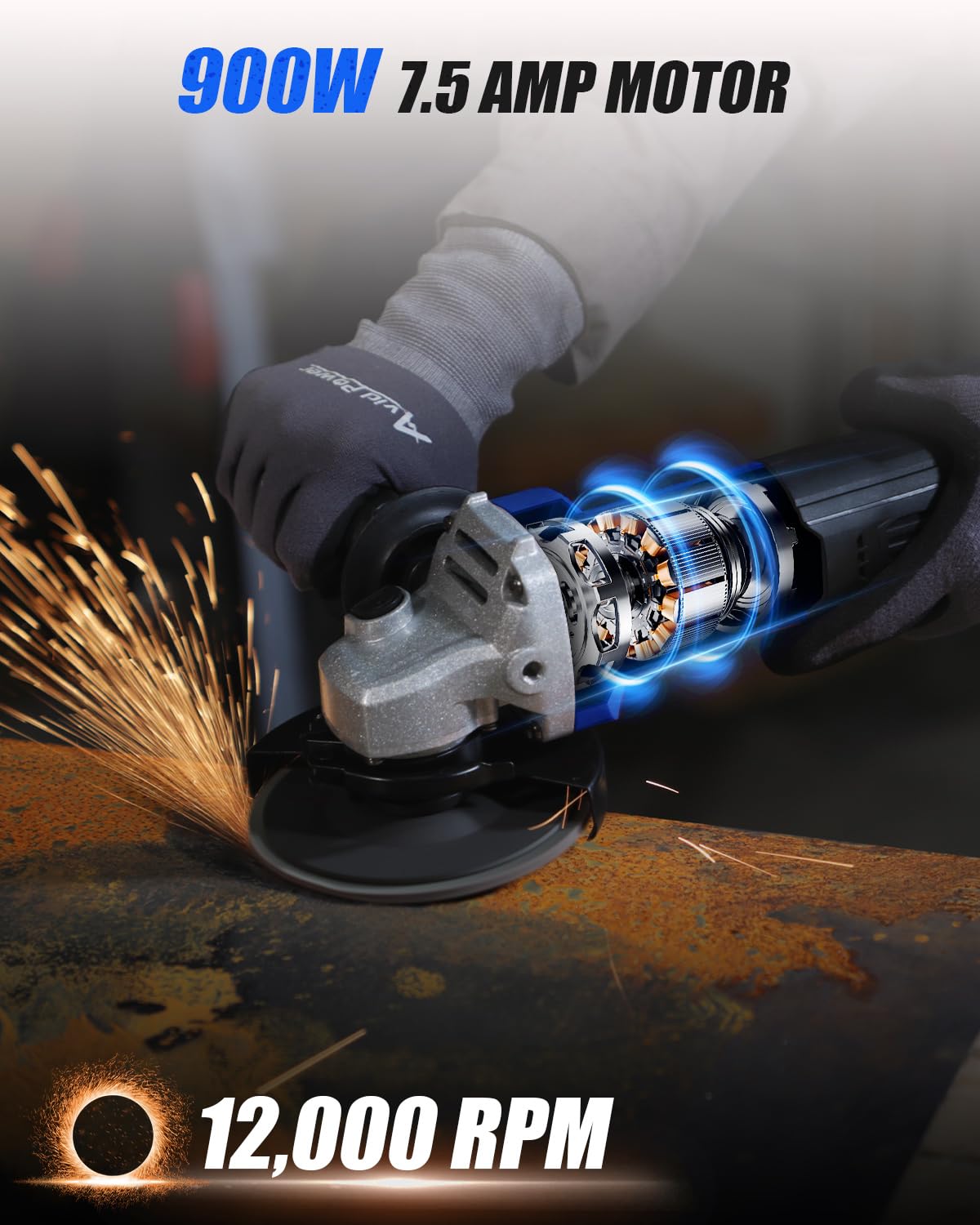 AVID POWER angle grinder at 12000 RPM for fast material removal.