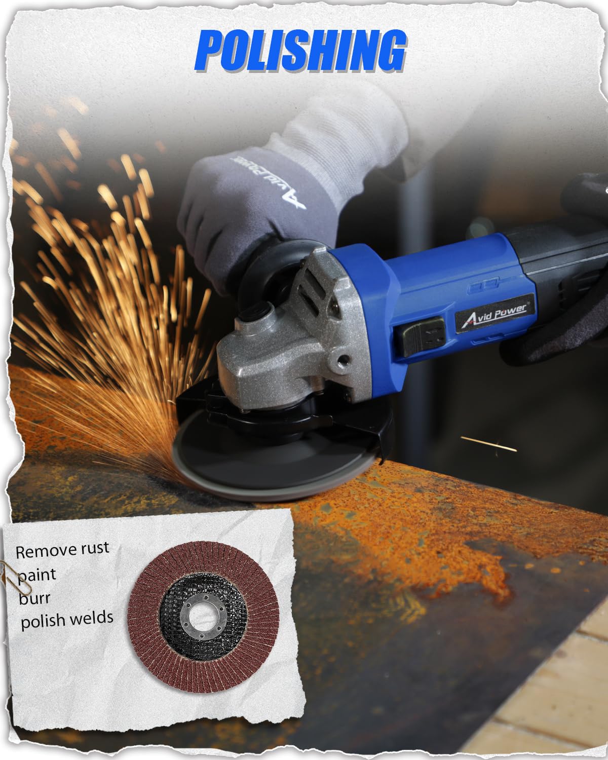 AVID POWER angle grinder two-position auxiliary handle improves control.
