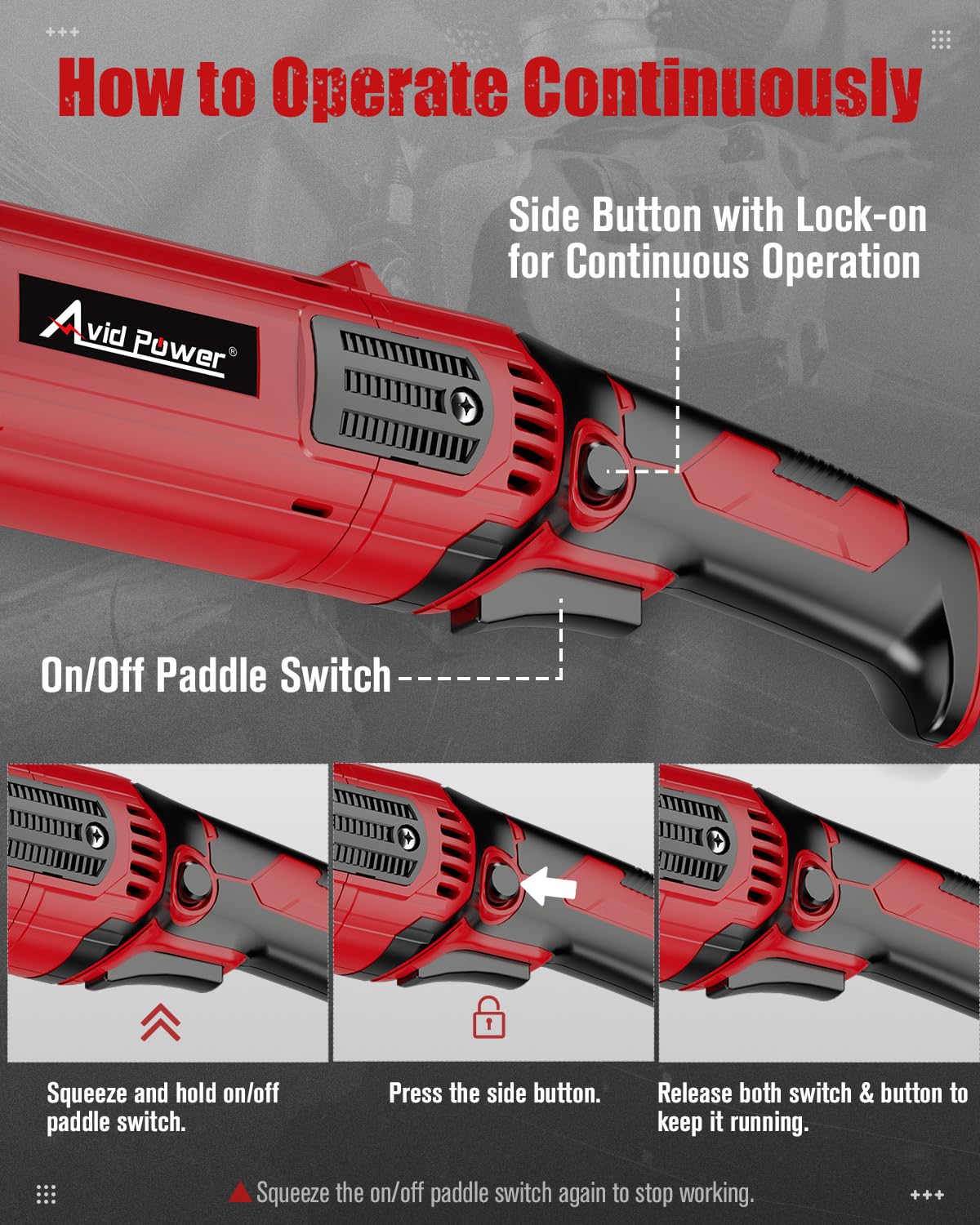 AVID POWER paddle switch with lock-on for fatigue-free continuous work