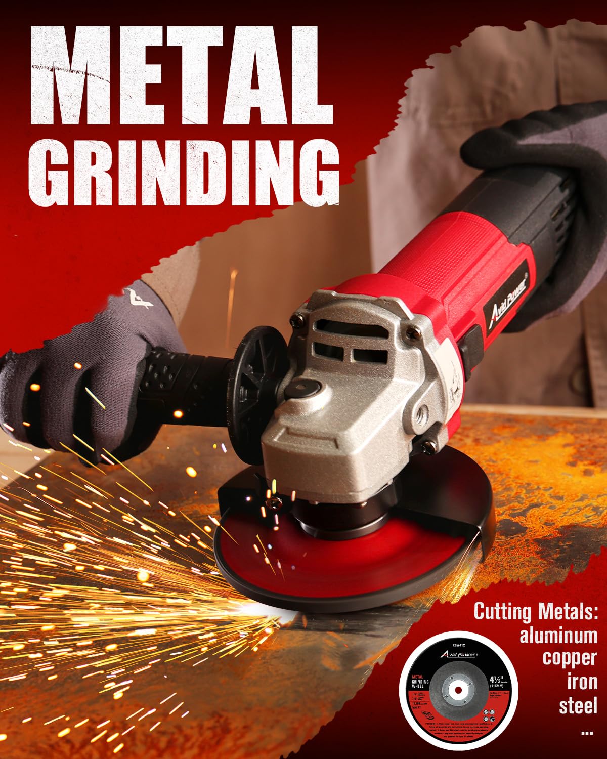 AVID POWER angle grinder with 7/8 inch arbor for quick wheel changes.