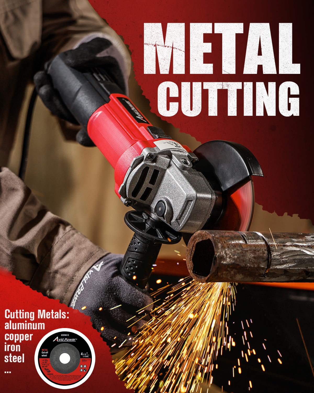 AVID POWER angle grinder with auxiliary handle for improved control during grinding.