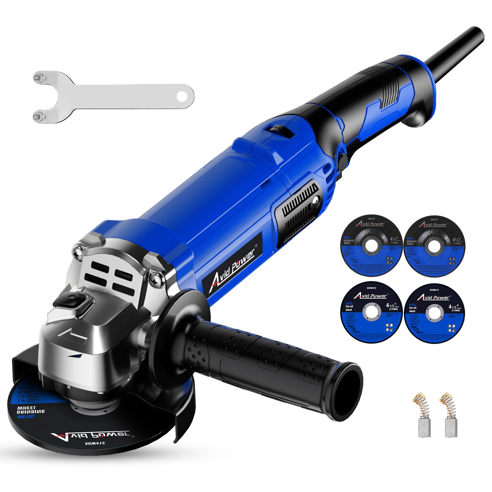 AVID POWER angle grinder with blue body ready for cutting and grinding tasks