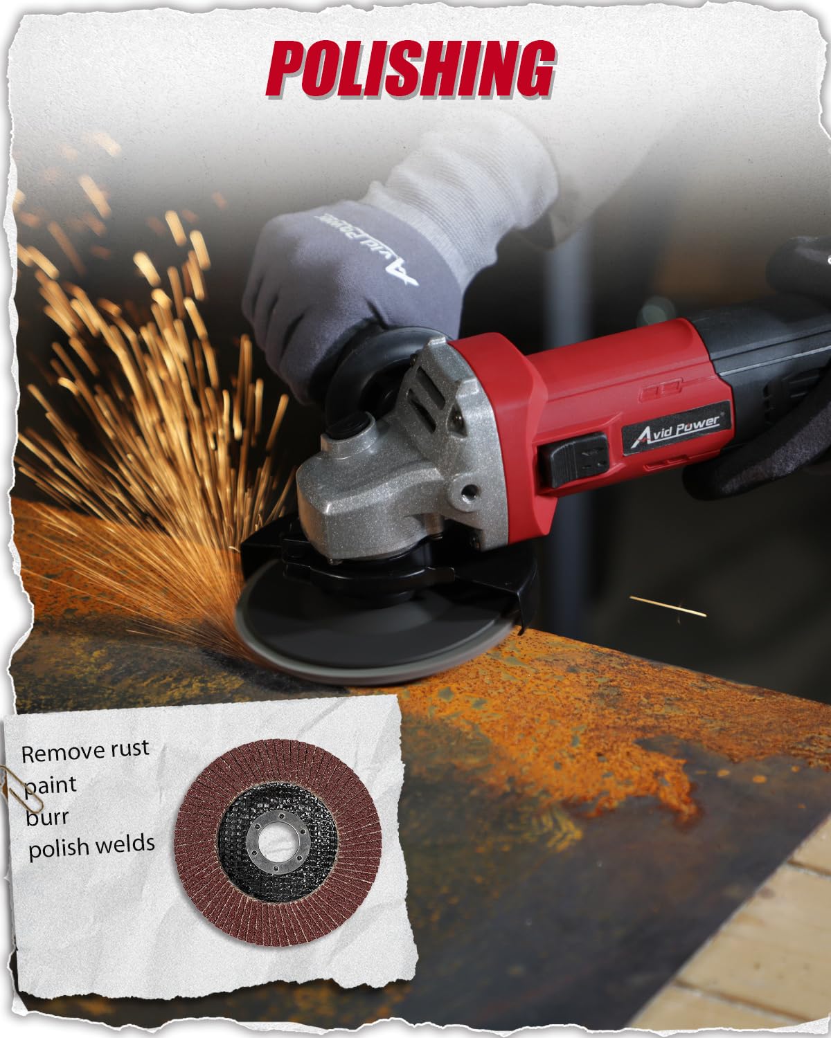 AVID POWER angle grinder packaging includes all necessary wheels and discs.