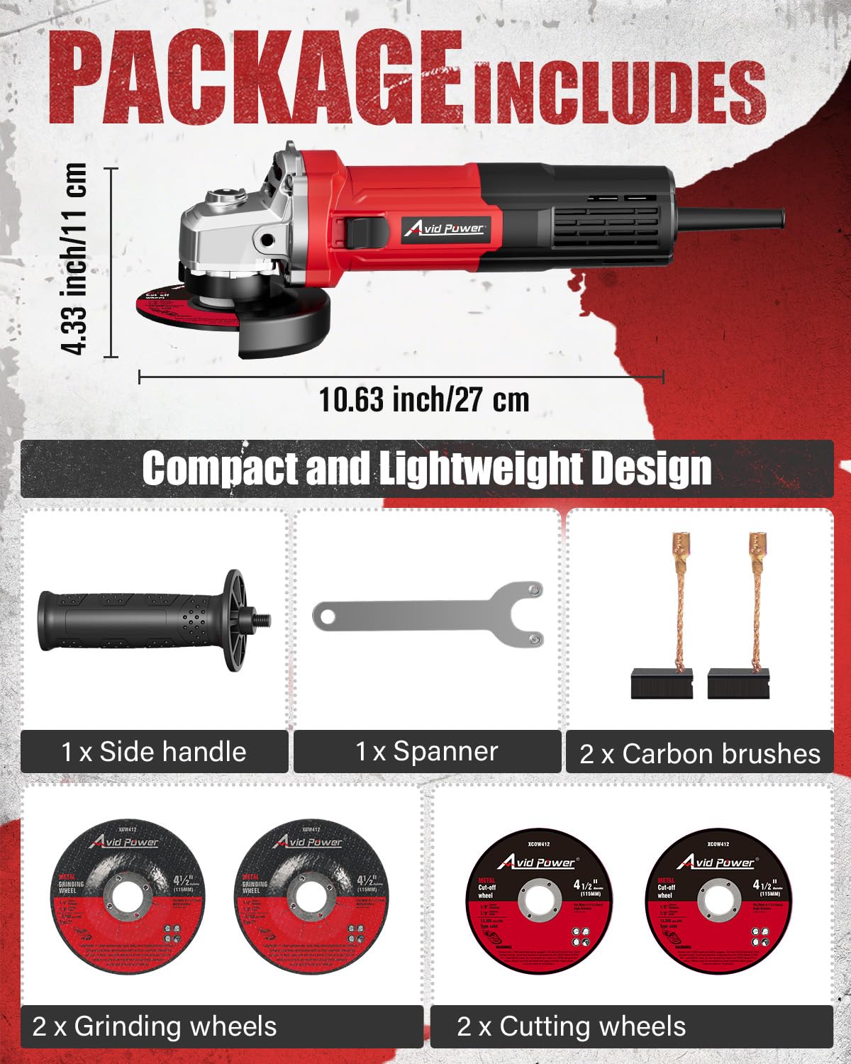 AVID POWER angle grinder weighs 3.20 lbs for light handling.