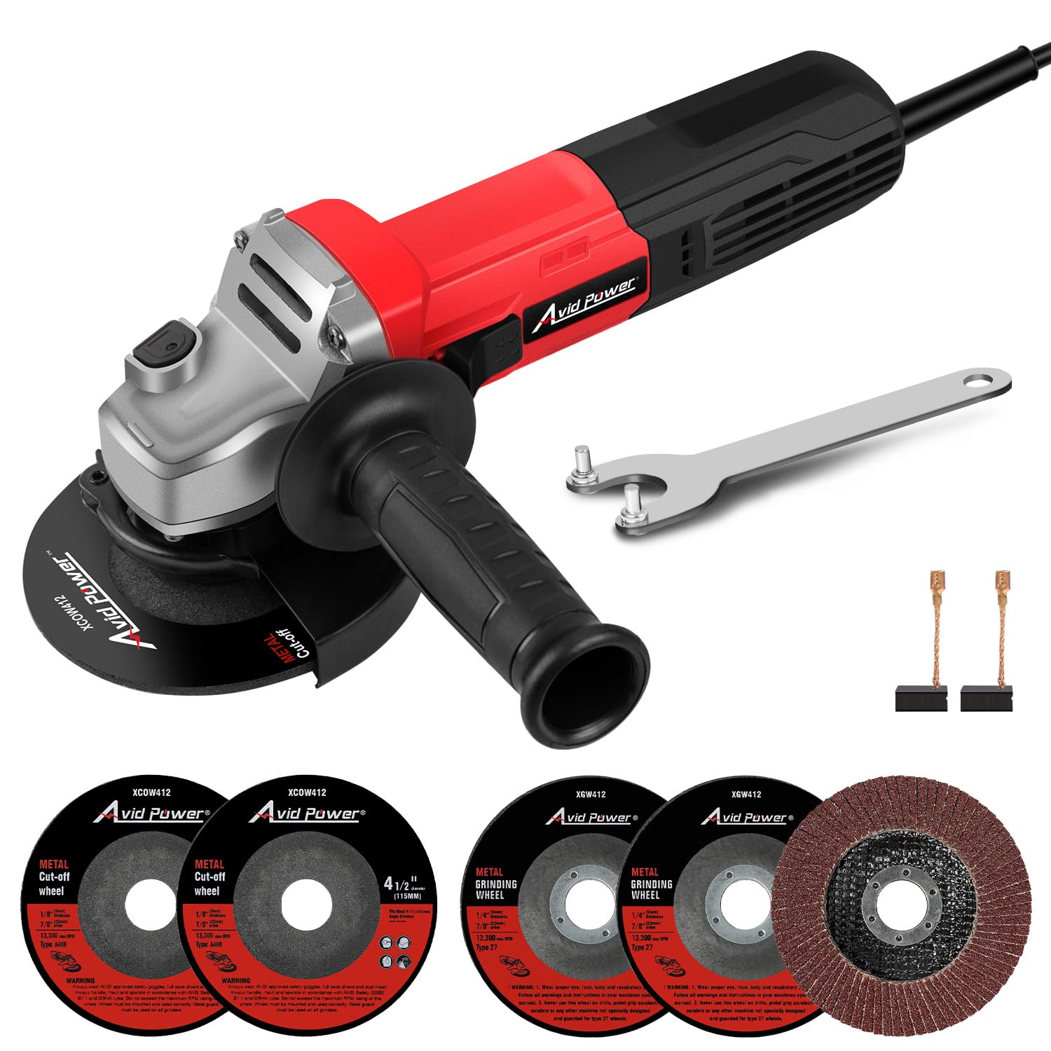 AVID POWER angle grinder main unit showing compact design and 7.5-Amp motor