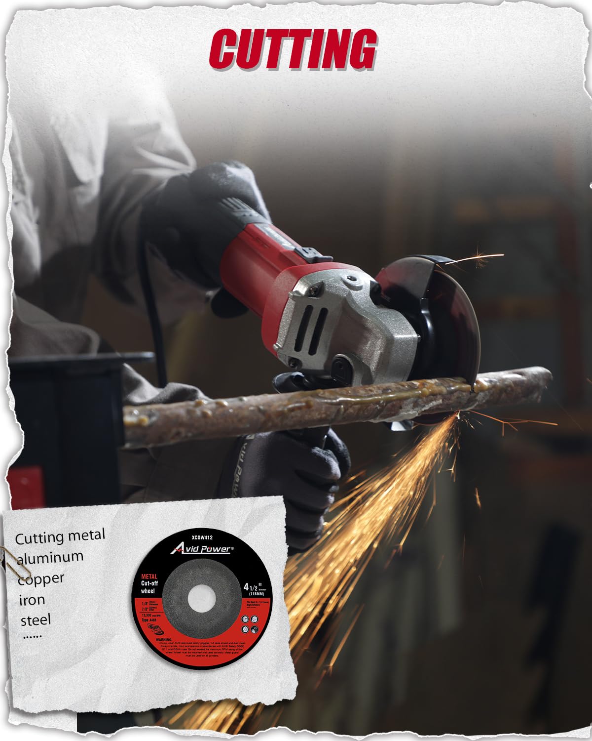 AVID POWER angle grinder achieving up to 12000 RPM for fast material removal.