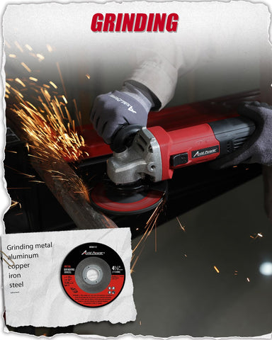 AVID POWER angle grinder safety guard protecting from sparks during grinding.