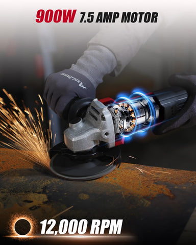 AVID POWER angle grinder showing spindle lock for quick wheel changes.