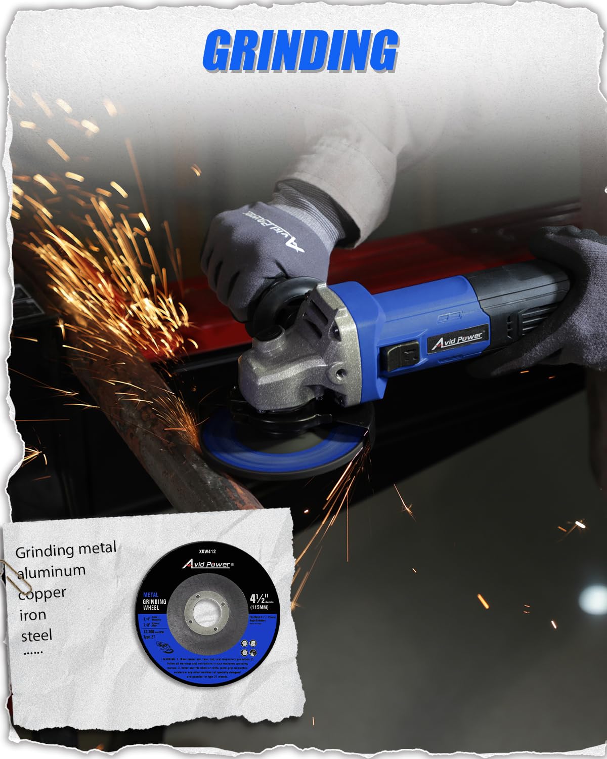 AVID POWER angle grinder spindle lock enables quick wheel changes.