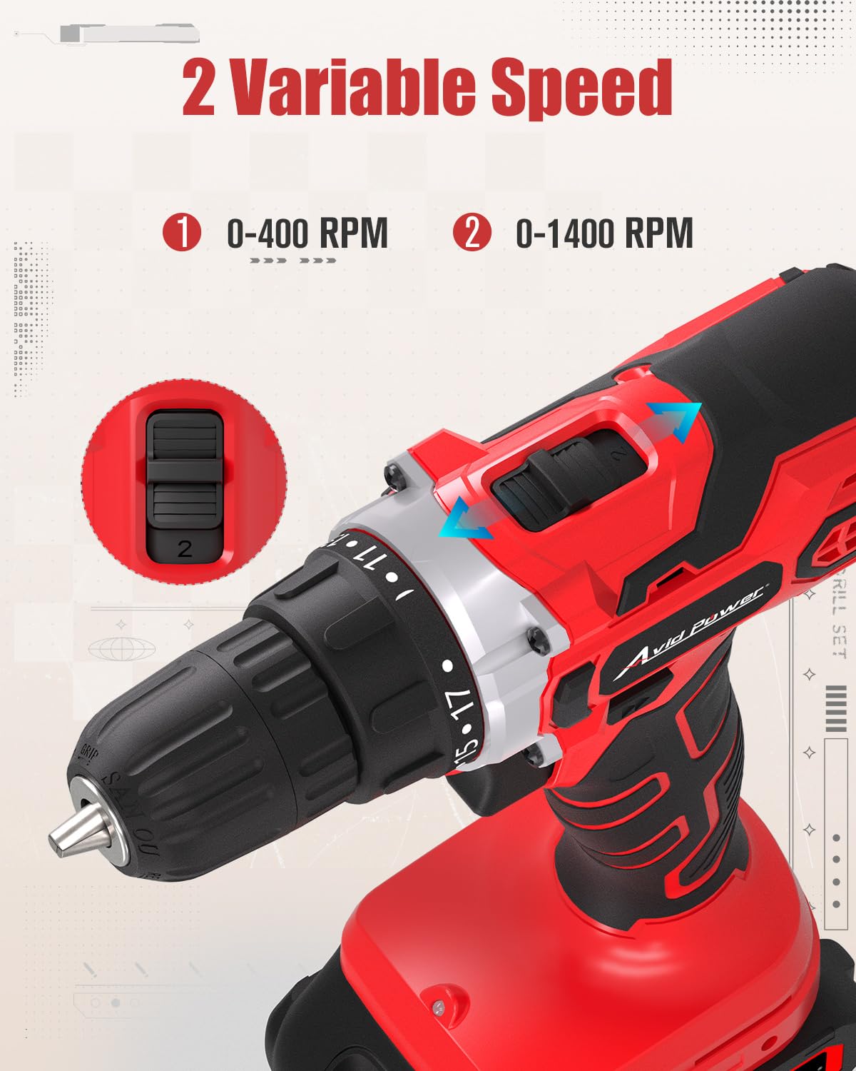 Included 22-piece bit set and accessories for versatile drilling.