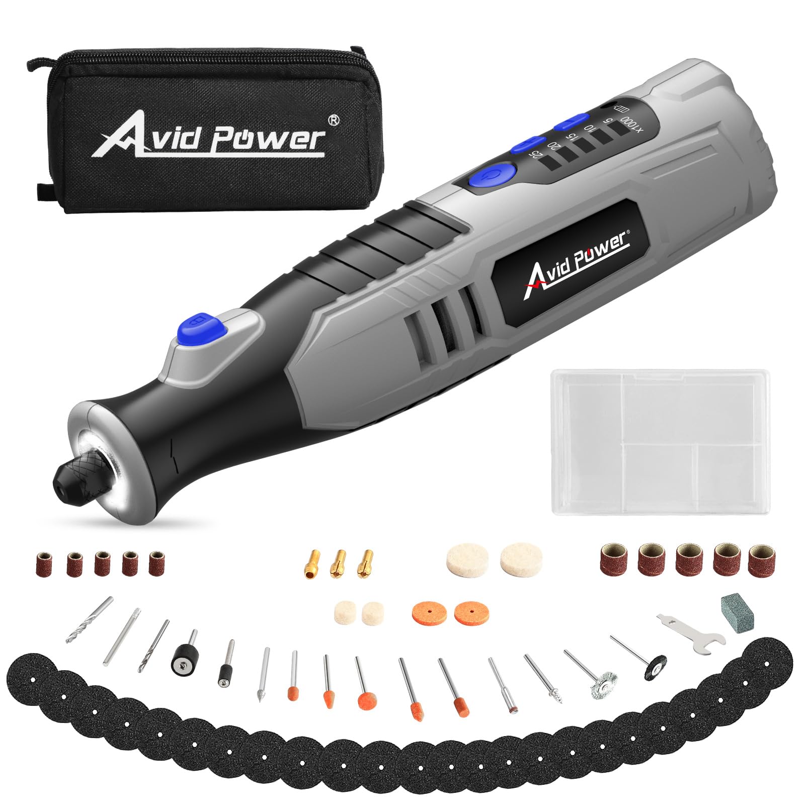 AVID POWER cordless rotary tool with front LED lights illuminates precision carving