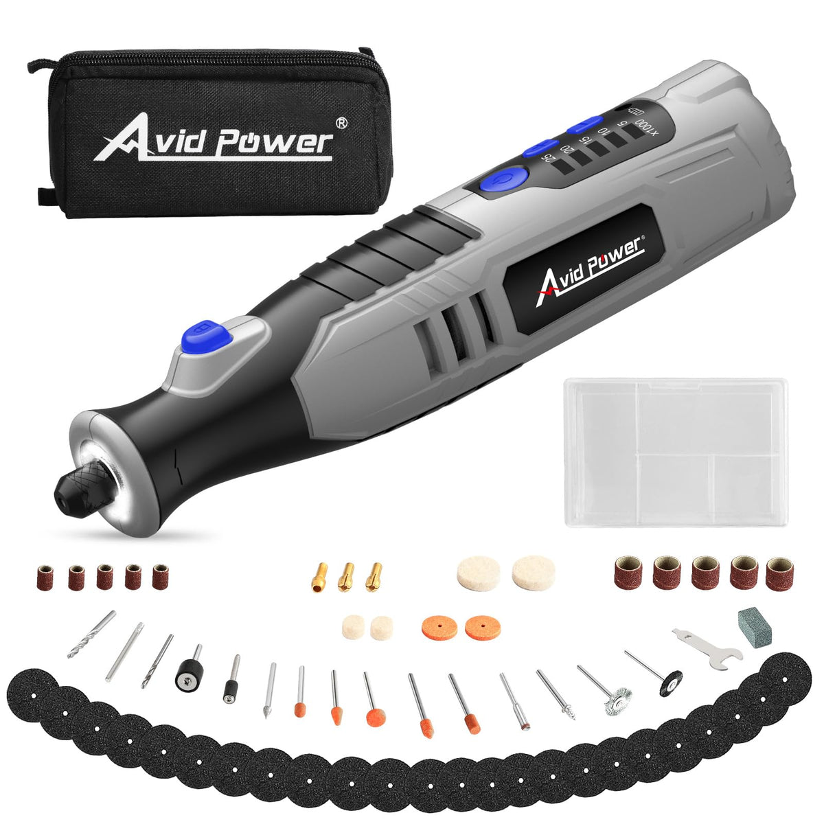 AVID POWER cordless rotary tool with front LED lights illuminates precision carving