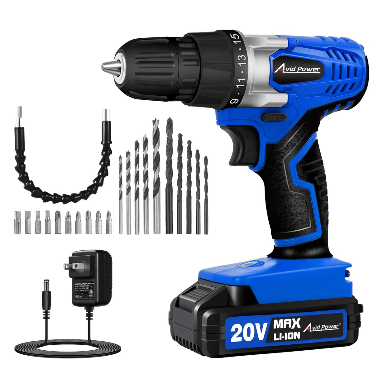 AVID POWER drill with battery and charger ready for quick home projects.
