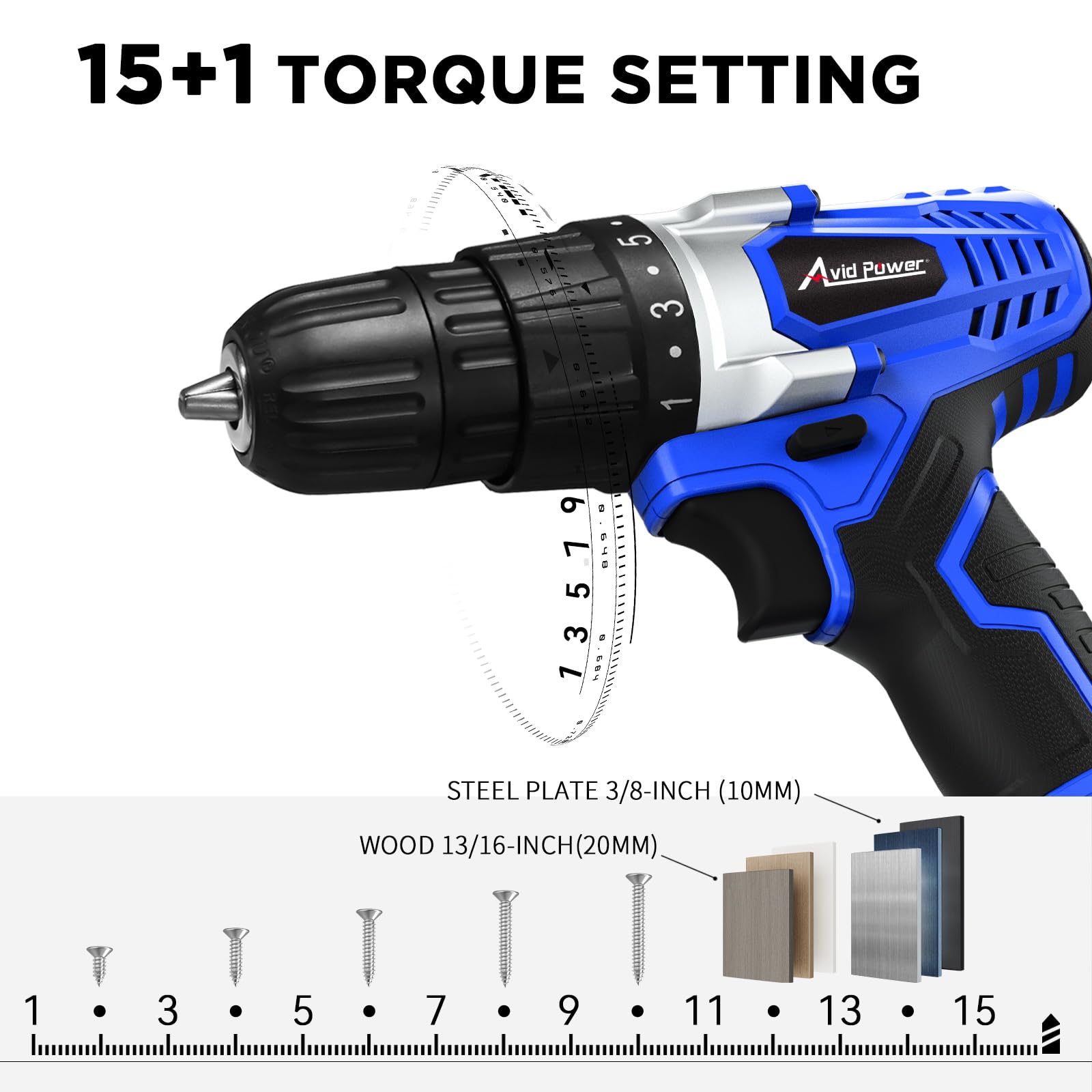 AVID POWER 20V drill shows real-time battery level for planning work.