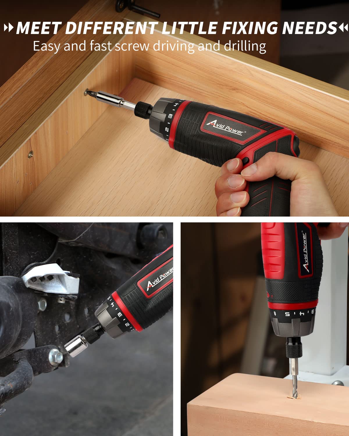 AVID POWER 44-piece accessory kit covers bits, sockets, and drilling bits.
