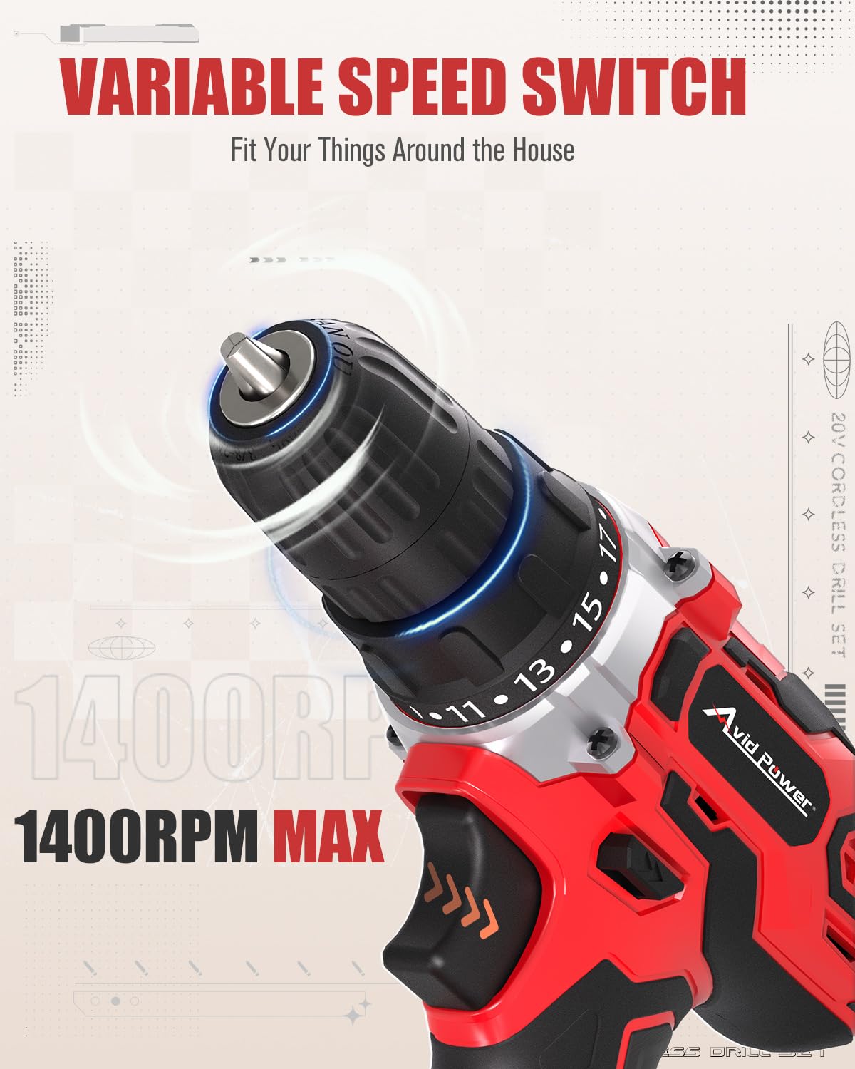 Ergonomic anti-slip grip on AVID POWER drill for comfortable use.