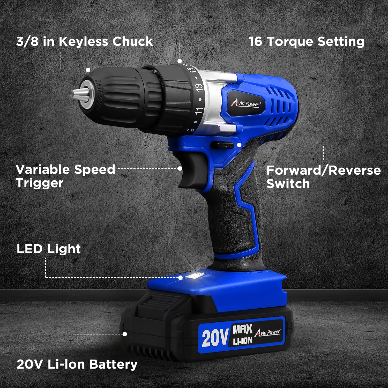 Built-in LED light on the AVID POWER drill brightens dark spaces.